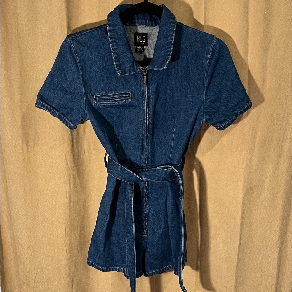 BDG Indigo Denim Zip-Up Romper shorts with Tie Belt